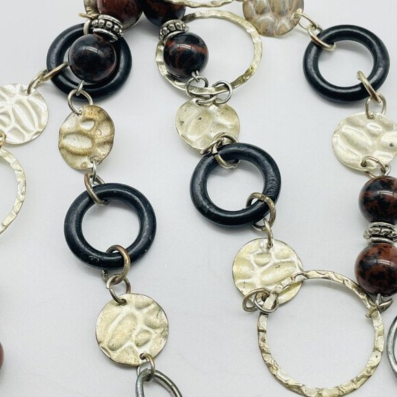 Black Brown Beaded Chain Necklace Open Link Mixed Metal Tones Hammered Classic - Picture 4 of 6